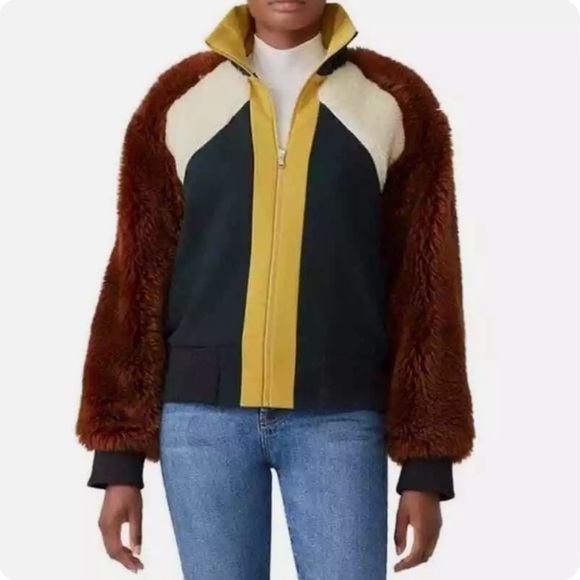 Sea New York Jackets & Blazers - Sea New York Colorblock Faux Fur Track Jacket Size XS green/Brown/Yellow/Cream